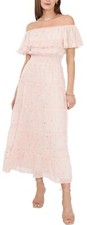 Vince Camuto Women's Foiled Tiered Midi Dress Off-Shoulder Summer Desert Rose XS