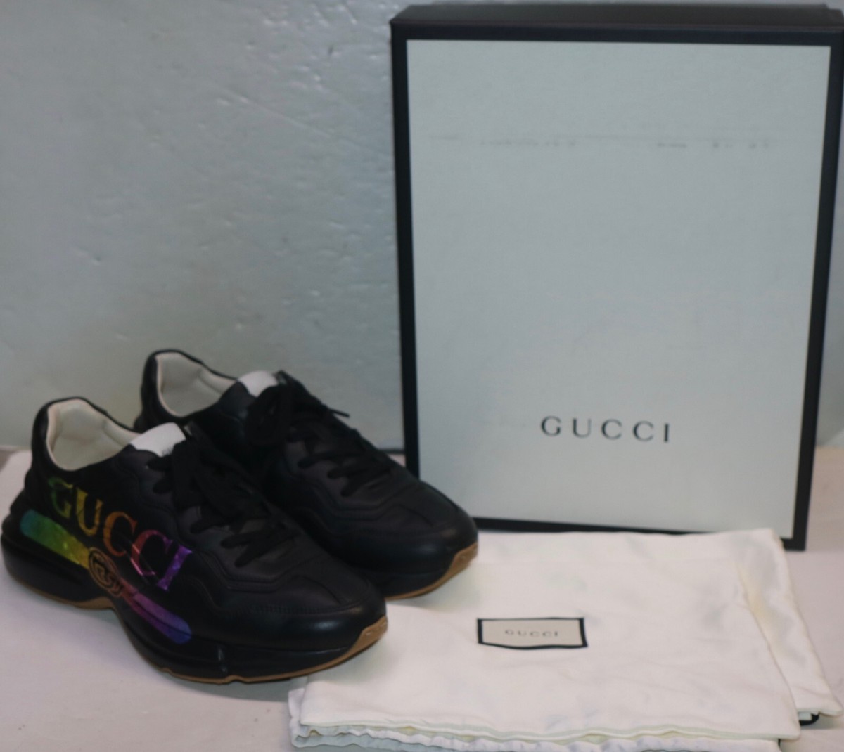 Gucci 552851 Rhyton Iridescent Logo Black Sneaker Shoes Size 9.5