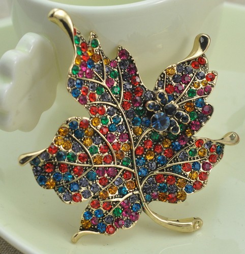 Huge Colourful Maple Leaf Gold Czech Crystal Brooch Pin 3.5" (8.7cm) - Picture 2 of 3
