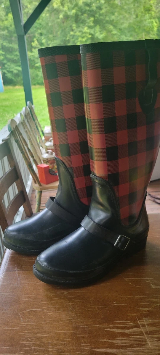 Rare LL Bean Wellies Red Black Buffalo Plaid Rain Boots Women s