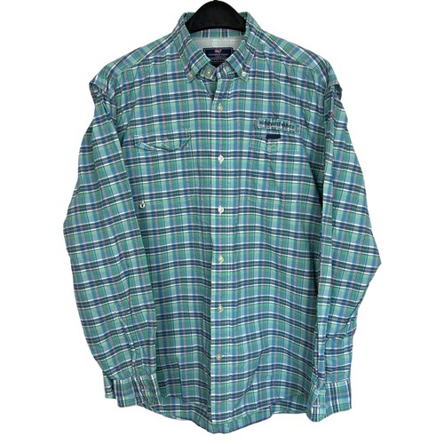 Vineyard Vines Men's Large "Harbor Shirt" Vented Nylon Quick Dry Plaid Green - Picture 7 of 7