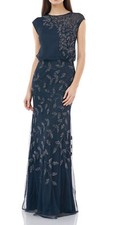 JS Collections 867030 Beaded Leaf Mesh Trumpet Gown SZ 8 450 Navy
