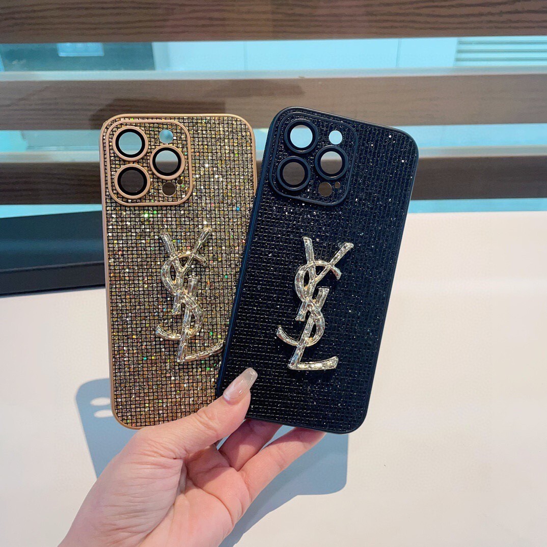 YSL phone case suitable for iPhone 16/15  black  gold Water Diamond  inlay