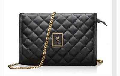 Younique Collection Crossbody Bag Purse Black Quilted Gold Chain Strap Purple IN