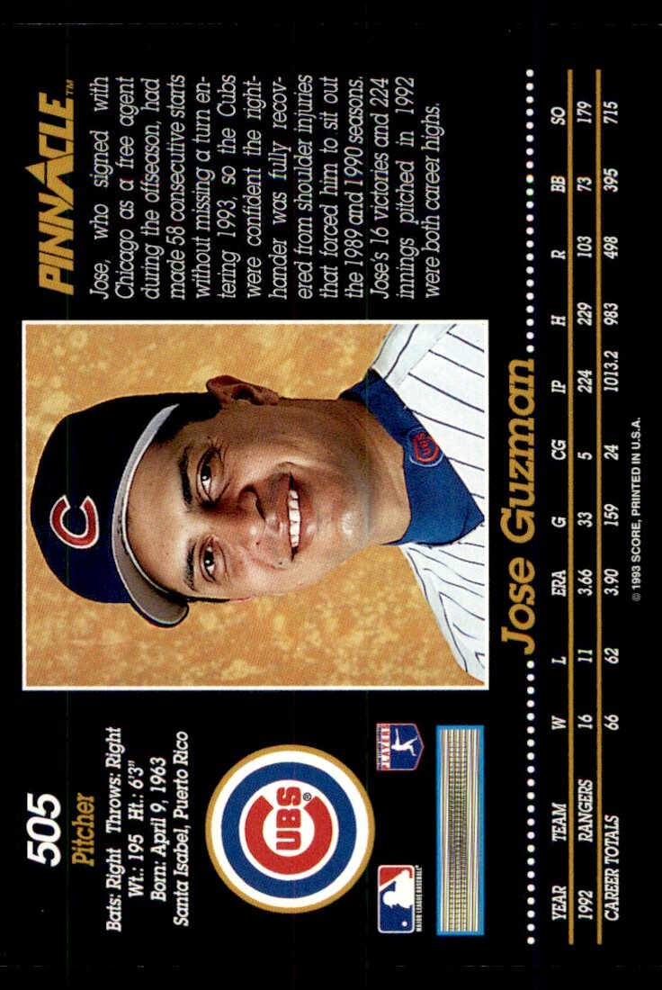 【正規盤　激レア】2X HUSTLE ON US盤 G-RAP CHICAGO 1993 Pinnacle Jose Guzman Chicago Cubs #505 | eBay