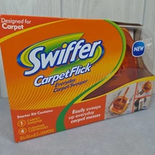 New SWIFFER Carpet Flick Starter Kit Sweeper Cleaner + 4 Cleaning Cartridges