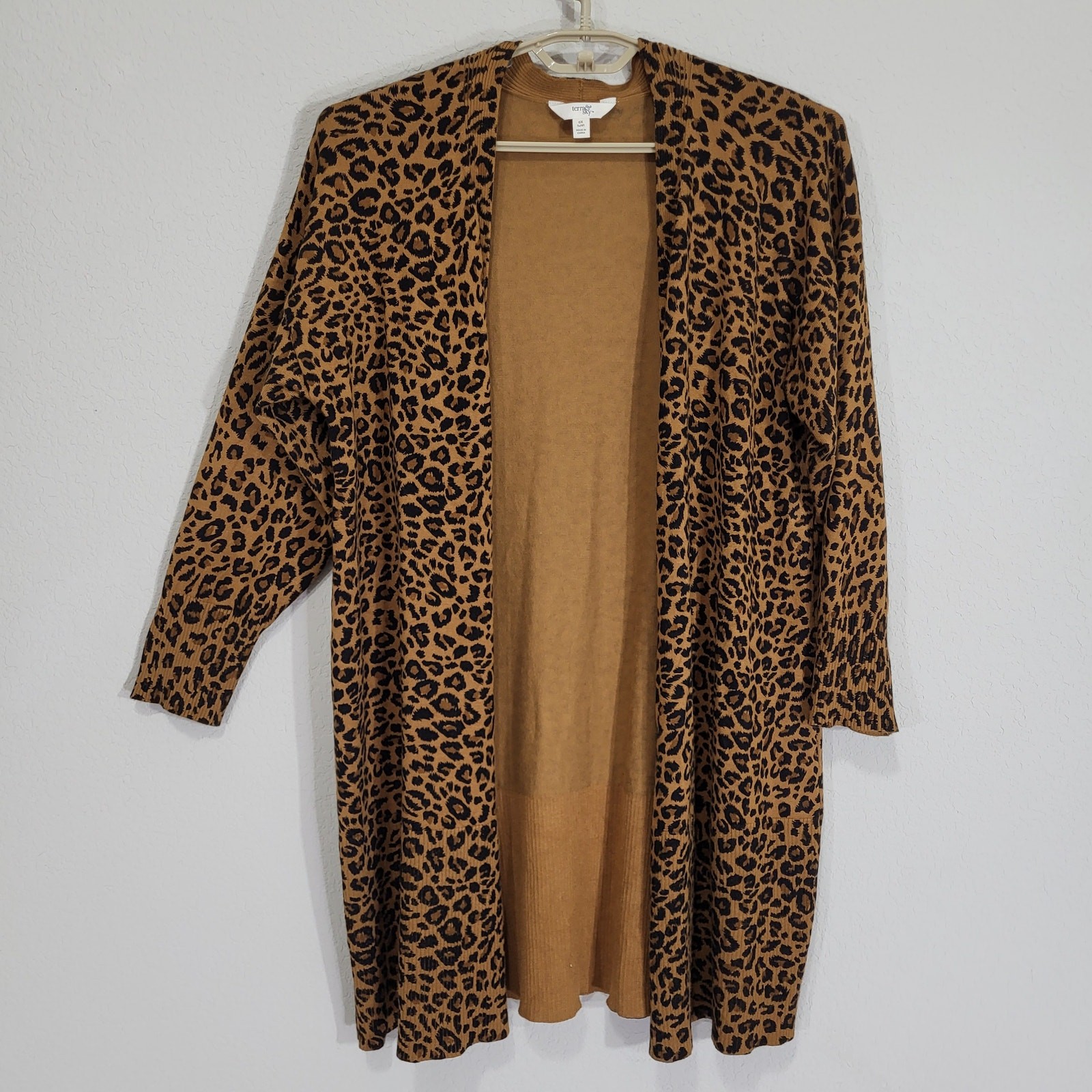 Terra & Sky Leopard Print Long Cardigan Women's Size 0X 14W  Open Front Casual