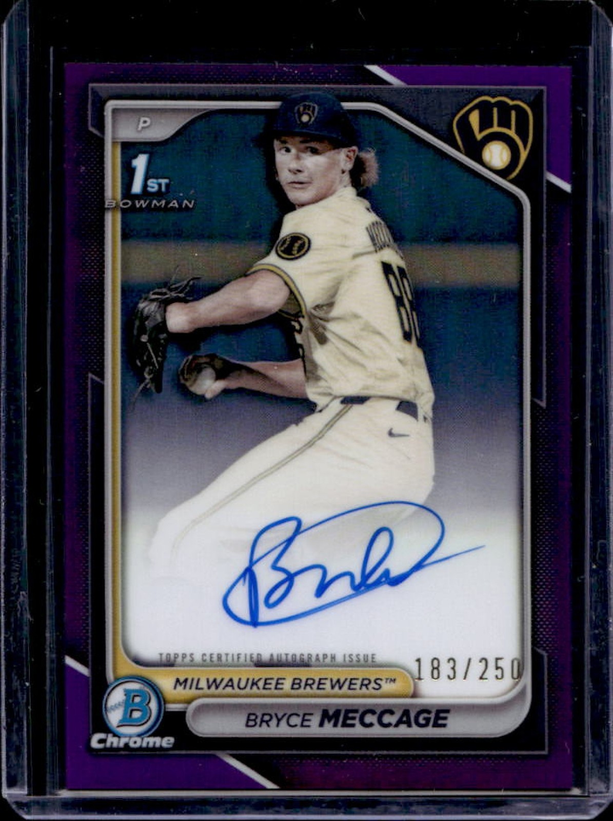 2024 Bowman Draft Bryce Meccage Chrome Auto Purple Refractor 1st #/250 Brewers