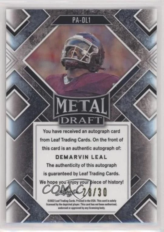 2022 Leaf Metal Draft Portrait Blue Prismatic /30 DeMarvin Leal Rookie Auto RC - Image 2 of 2