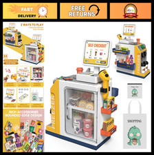 Kids Cash Register Playset - 48PCS Pretend Money, Calculator, Scanner  Food