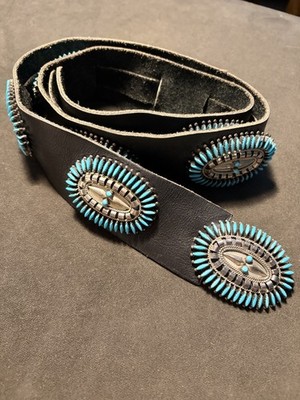 Navajo N&R Nez Sleeping Beauty Turquoise Needlepoint Concho Belt Sterling 37
