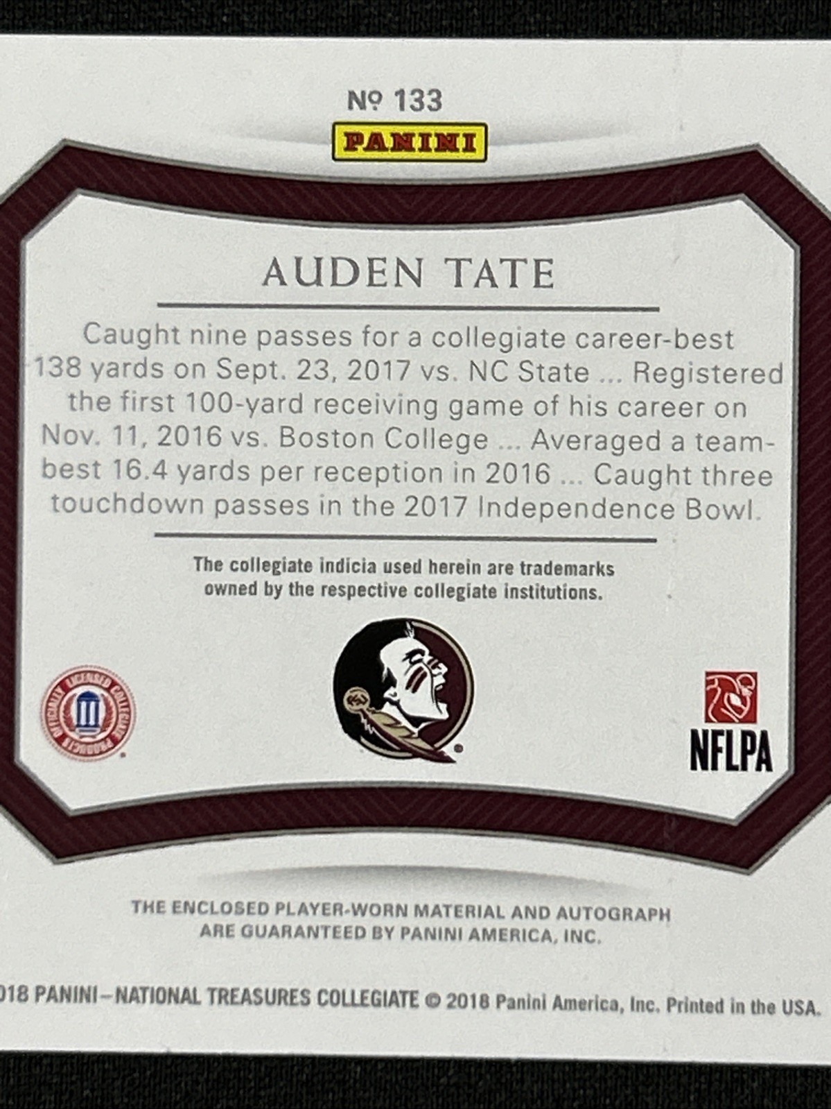 Auden Tate #133 2018 Panini National Treasures Rookie-Patch-Auto-Serial #87/99 view 6