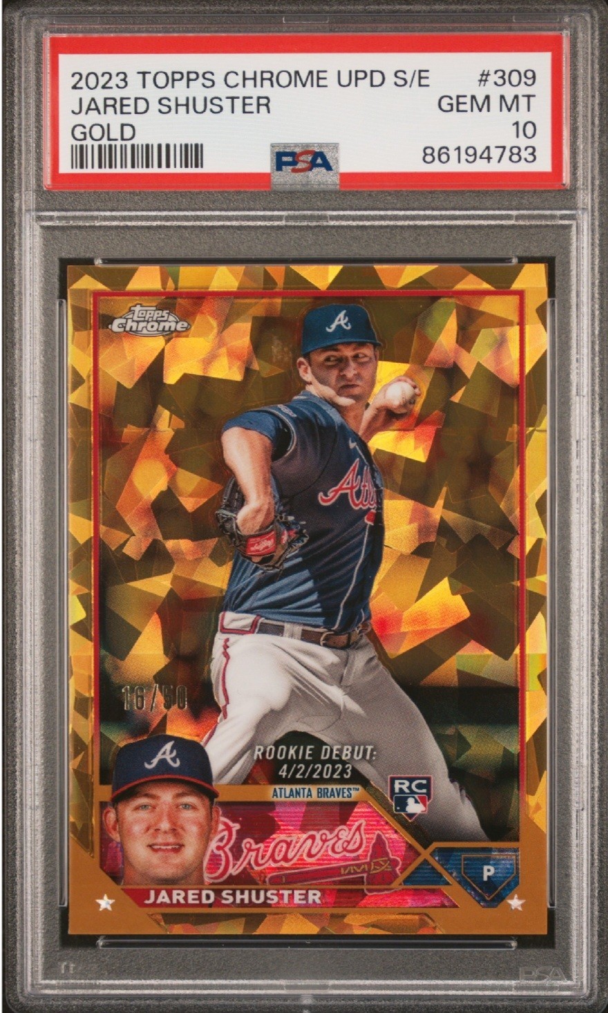 2023 Topps Chrome Sapphire Jared Shuster Rookie Debut Gold /50 - PSA 10, POP 1