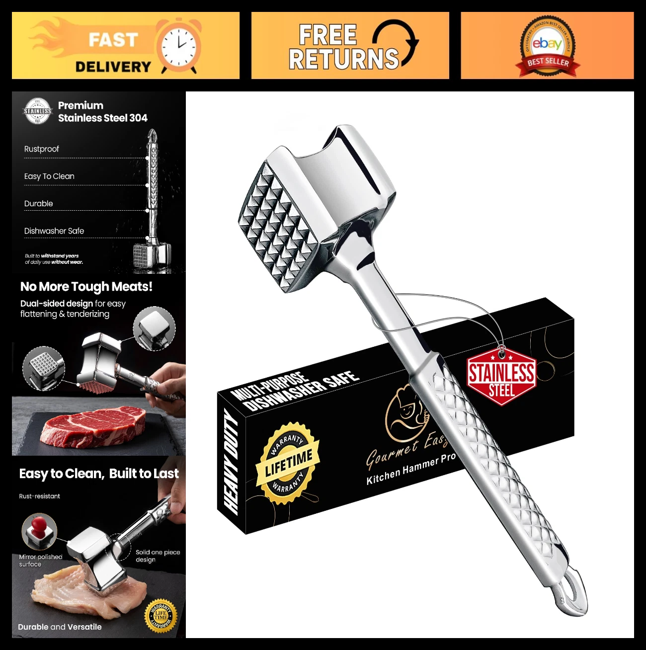 Premium Stainless Steel Meat Tenderizer Mallet - Non-Slip Grip, Dual-Sided, Dish
Opens in a new wind