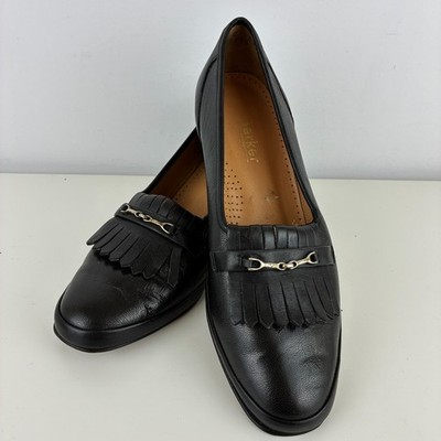 Barker Flex UK 6 Pumps schwarz Leder Vintage Loafer Blockabsatz Fransen