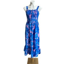 Arolina Blue Pink Abstract Garden  Floral Smocked Bodice Ruffle Hem Midi Dress S