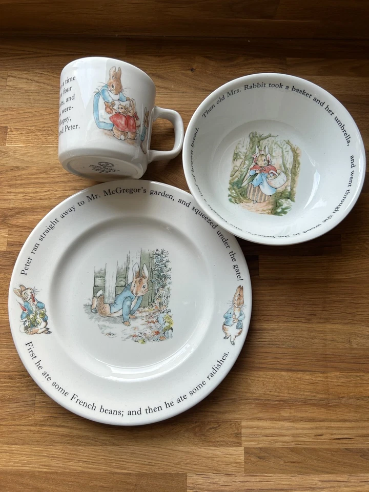 Wedgwood Beatrix Potter Peter Rabbit Kids 3pc Set Mug Bowl Plate 1990s England - Image 2 of 4