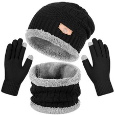 Winter Beanie Hat Scarf and Gloves Set For Men Women Warm Beanie Hat Soft Black