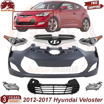 Front Bumper Cover Primed & Head Lights Kit For 2012-2017 Hyundai Veloster