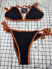 ZAFUL Women's Triangle Bikini Tie Side Whip Stitch - Black Orange - Small - New