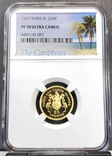 1977 TURKS & CAICOS GOLD 25 CROWNS COAT OF ARMS NGC PF 70 ULTRA CAMEO RARE GEM