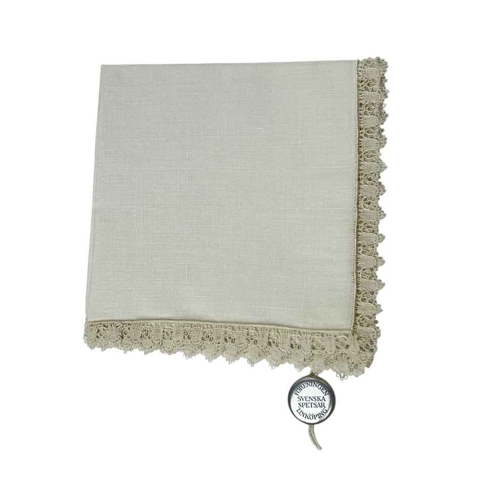 Handkerchief Sweden Vintage Ivory Beige Linen Delicate Swedish Lace Trim 8x8 - Image 3 of 4