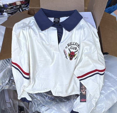 Stranger Things Hellfire Club Men s L Rugby Tee White/Navy Collared