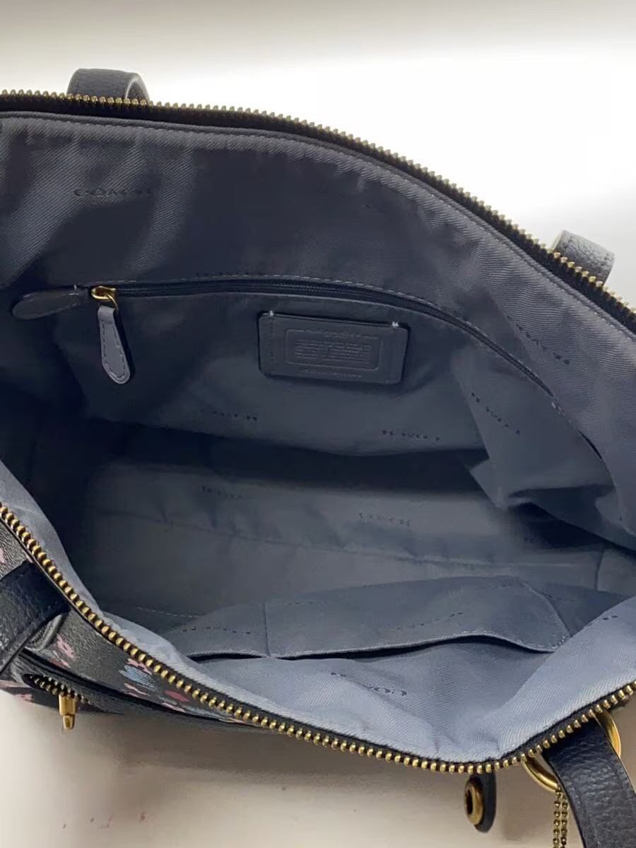 COACH Leather Handbag in NVY with Floral Print, Scratched Right Corner thumbnail 6