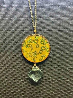 Shari Dixon Artisan Resin Pendant Necklace - Gold Paisley & Glass Drop Charm 18''