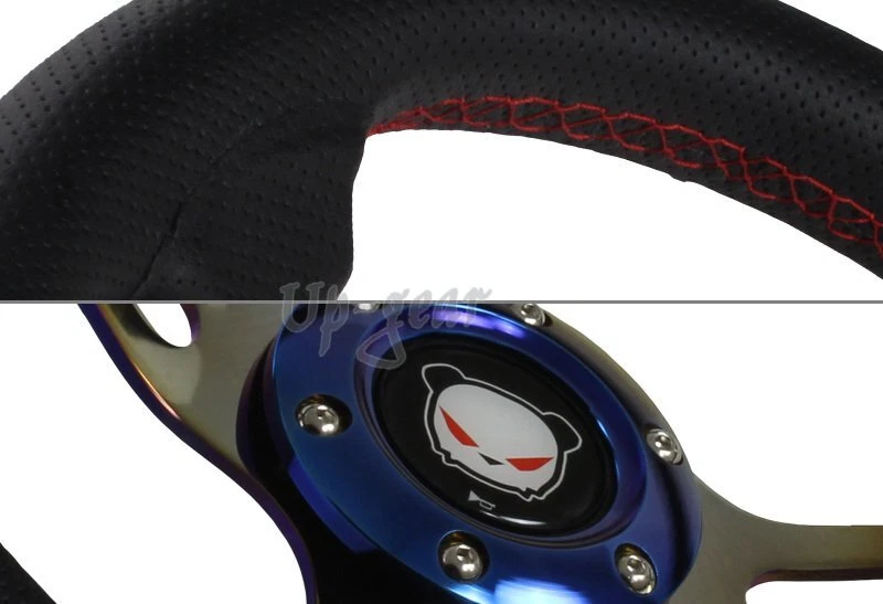 Volante de carreras de 3 radios azul titanio rojo cosido cuero negro 350 mm Foto 2 de 3