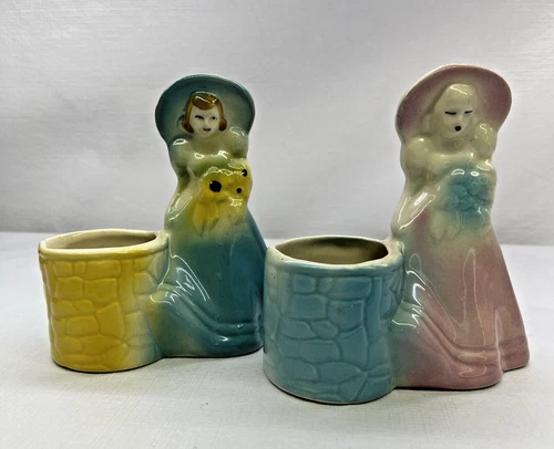 Vtg 2x Shawnee Pottery Ceramic Pink Southern Belle & Wishing Well Planter USA