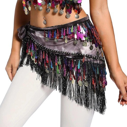 Women's BellyDance Accessories Lace Tassel Tie Dye Triangle Strap Coin Hip Scarf - Picture 7 of 29