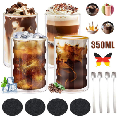 4Set Doppelwandige Thermo Gläser 350ml mit löffeln Latte Macchiato Kaffee Tee DE