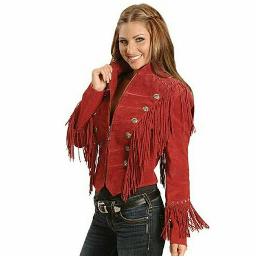 Women's Red Western Wear Cowgirl Jacket Suede Leather Fringe Style Jacket