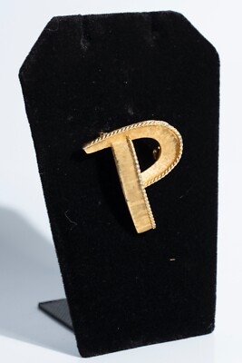 Vintage CHAREL Brooch Hat Pin Textured Brushed Gold Tone Letter P