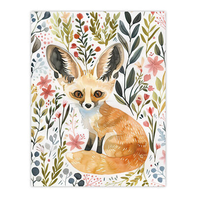 Fennec Fox Boho Blumenmuster Aquarell Porträt Wandkunst Posterdruck