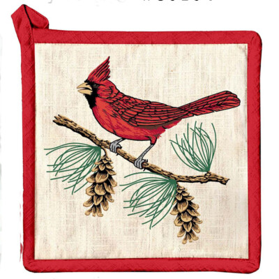 Cardinal & Branch Pot Holder 8''x8'' 100% cotton Paine's tree needles hot pad bird