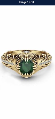24K Gold Plated Ring-Sz 8-Lab-Created Simulated Emerald
