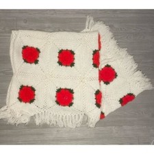 Vintage red / white rose knit / crochet 3D rose flower throw blanket bedding LG