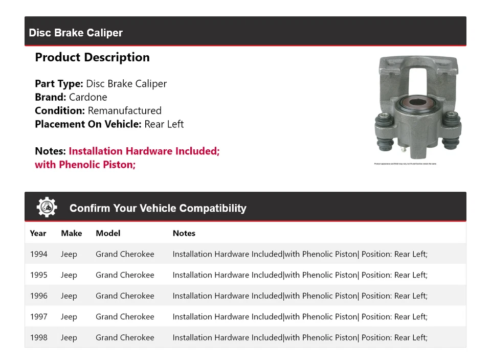 Pinza de freno de disco trasera izquierda Cardone 1995 1996 para Jeep Grand Cherokee 1994-1998 Foto 2 de 4