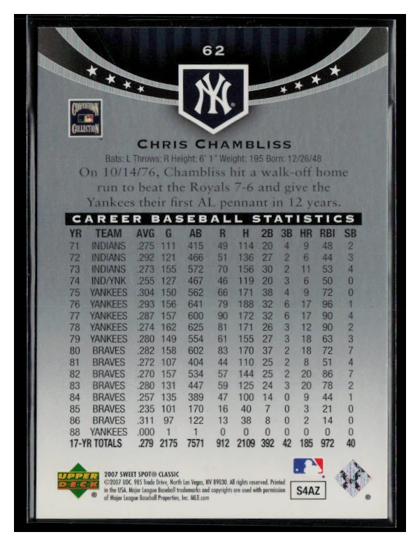 2007 Upper Deck Sweet Spot Classic #62 Chris Chambliss /575 - Image 2 of 2