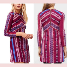 NEW Free People [ Small ] Stella Graphic Boho A-Line Mini Dress in Purple #5390