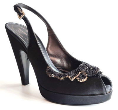 PRADA Black Satin Peeptoe Slingback Pumps With Beaded Made In Italy 37.5/Us7