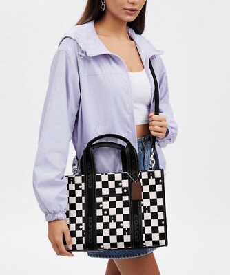 NWT Coach Smith Tote With Checkerboard Print Silver/Black/Chalk