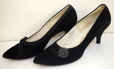 A Vintage 6.5M Black Suede Pump Andrew Geller SHOES Glitter Button Ornament Heel