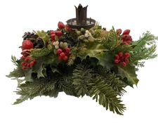 Vintage Christmas Candle Holder Holiday Arrangement Greenery Apples Pinecones