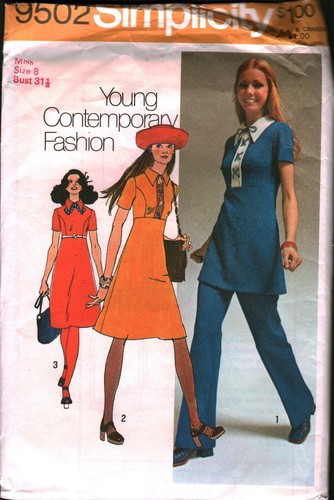 9502 Vintage Simplicity SEWING Pattern Misses 1970s Dress Tunic Pants 8 Young