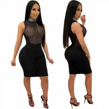 Women Sleeveless Rhinestones Sheer Bodycon Club Party Cocktail Evening Dress