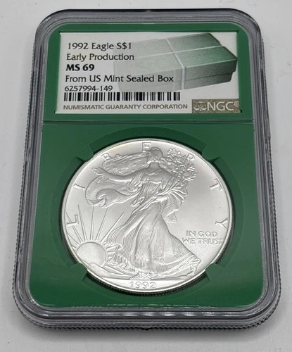 1992 $1 Silver Eagle 1oz NGC MS69 Early Production From US Sealed Box Green Core