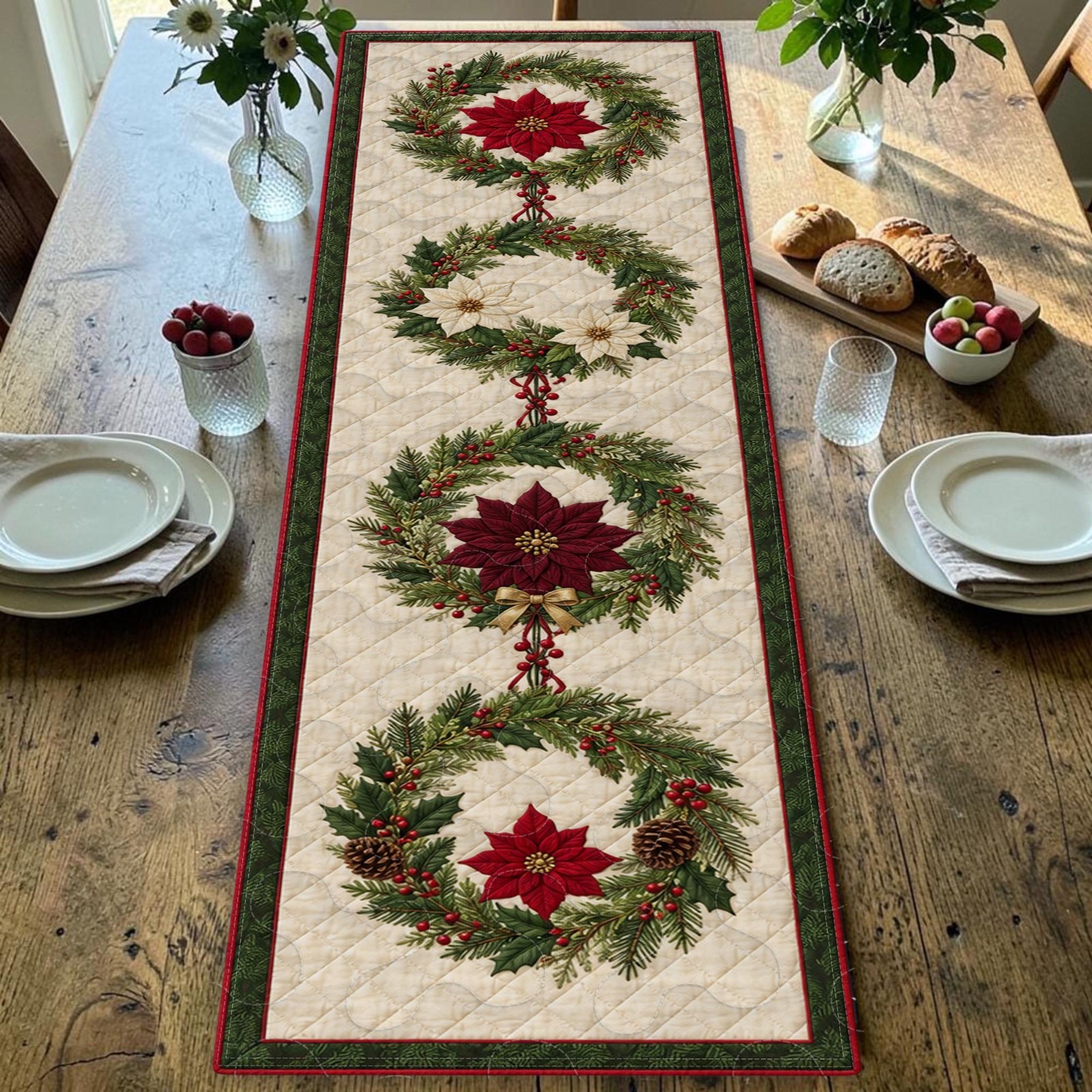 Christmas Wreath Quilted Table Runner Red Poinsettia Pine Cone Holiday Decor